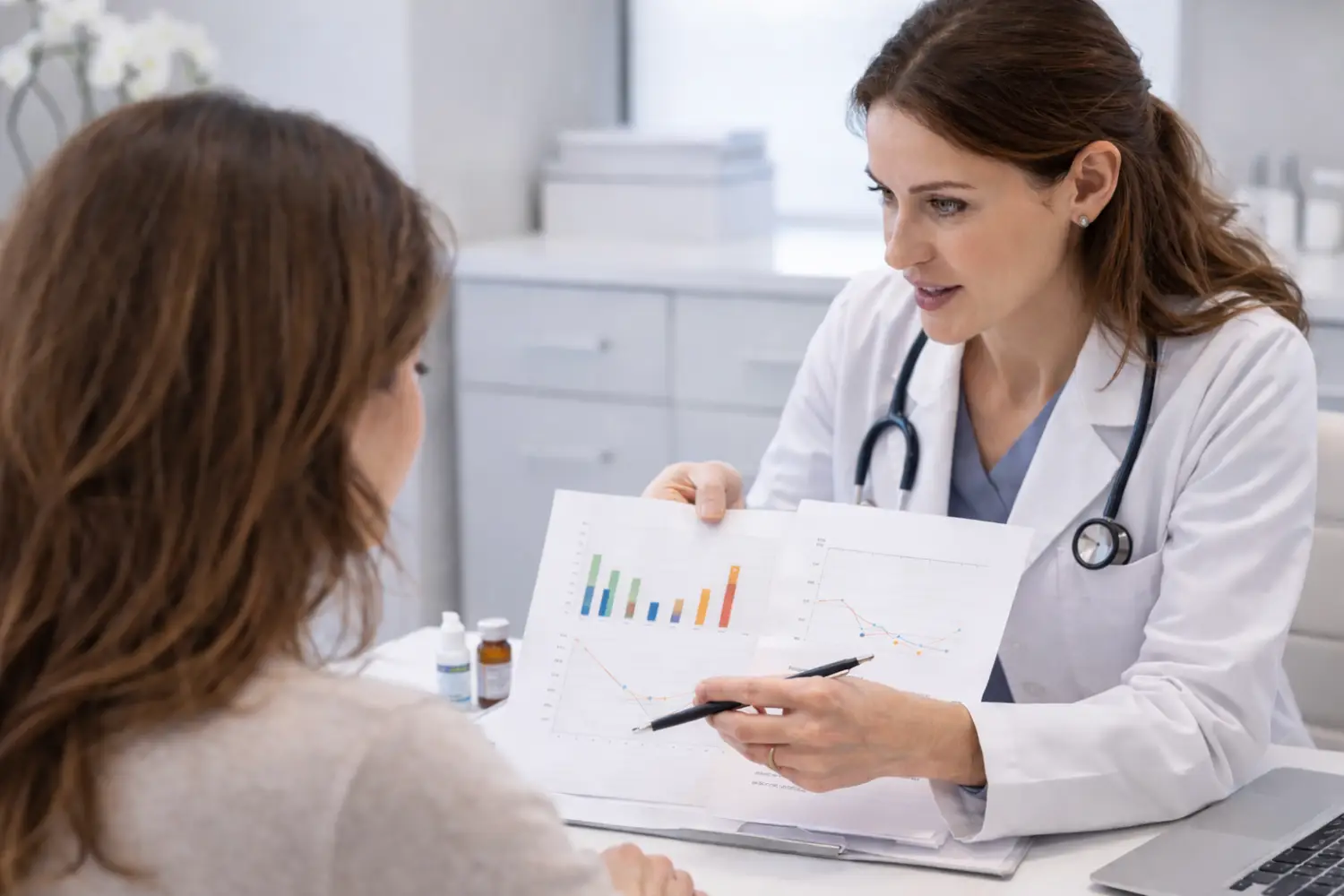 Doctor showing printed charts with bar and line graphs to a seated patient in a medical office