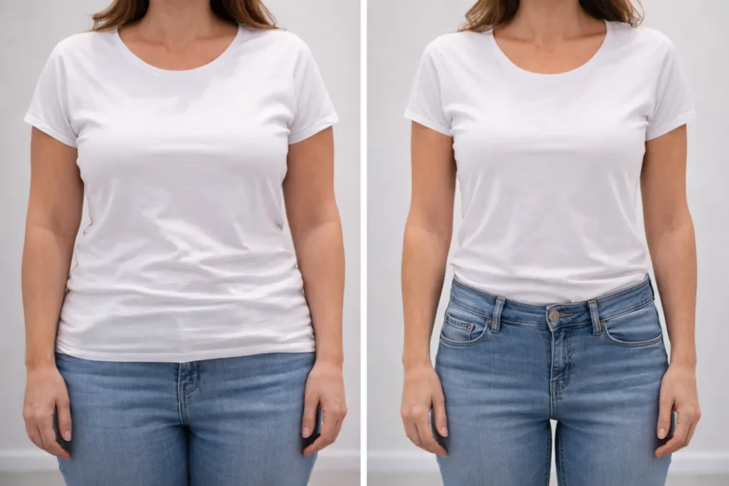Side-by-side torso images of a woman in a white shirt and jeans showing differences in waist and abdomen size