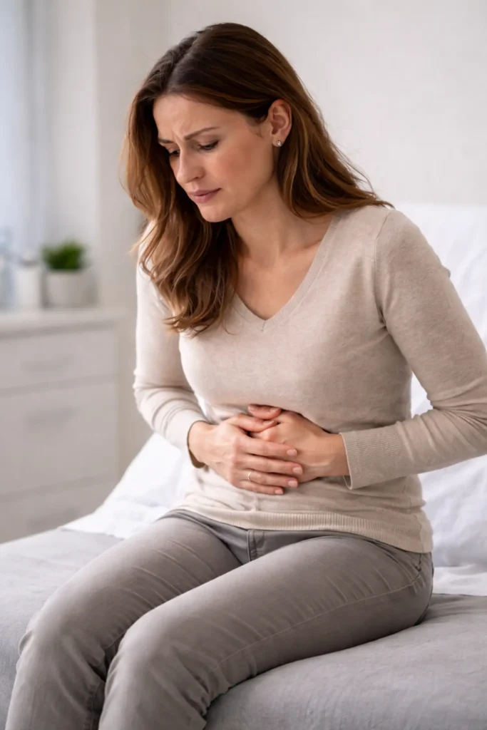 Woman sitting on a bed holding her abdomen with both hands in a bedroom setting